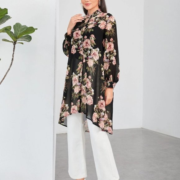 Floral Print High Low Sheer Chiffon Blouse - Picture 5 of 10